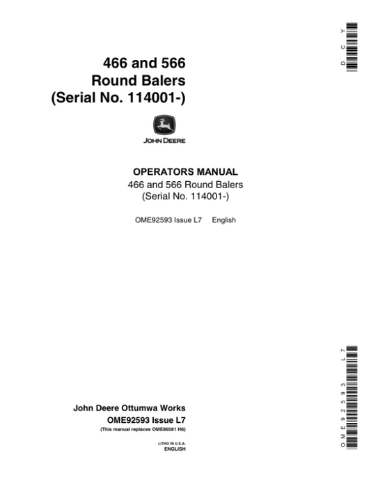 John Deere 466, 566 Round Balers ( 114001-) Operator’s Manual (OME92593) Workshop Guide