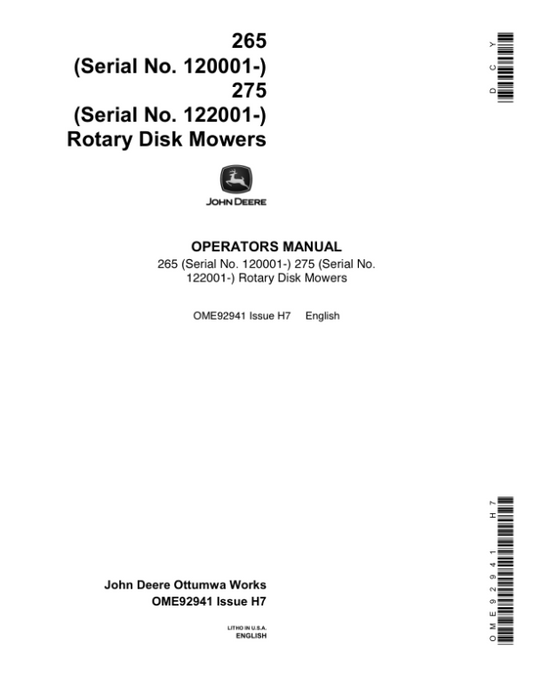 John Deere 265, 275 Rotary Disk Mowers Operator’s Manual (OME92941) Workshop Guide
