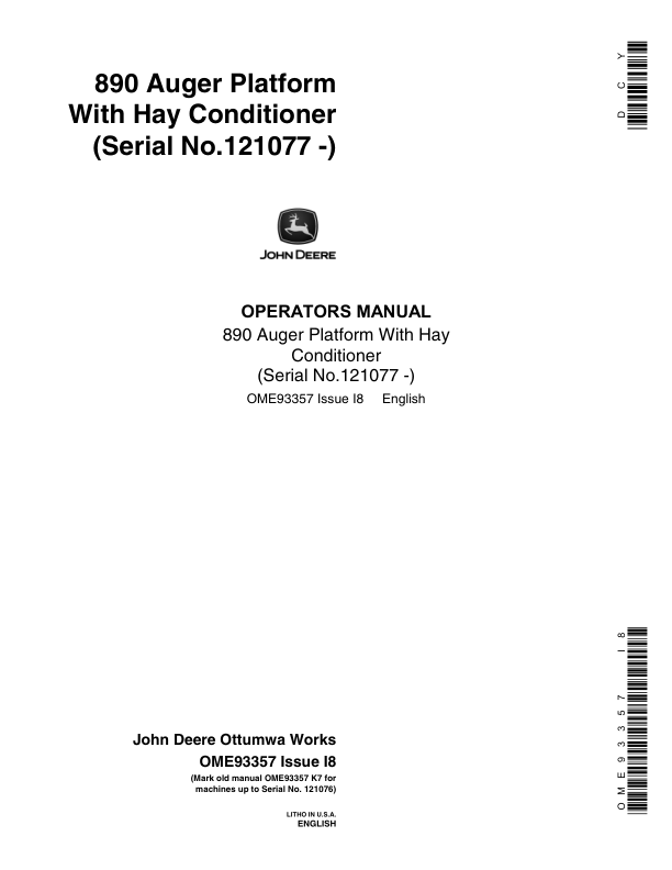 John Deere 890 Auger Platform With Hay Conditioner Operator’s Manual (OME93357) Workshop Guide