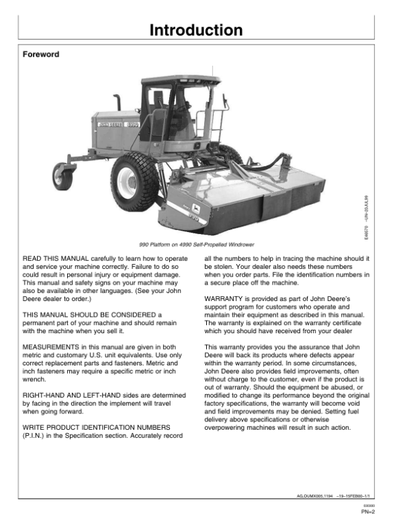 John Deere 990 Rotary Platform Operator’s Manual (OME93362) Workshop Guide