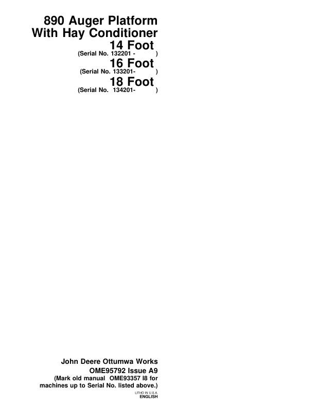 John Deere 890 Auger Platform With Hay Conditioner Operator’s Manual (OME95792) Workshop Guide