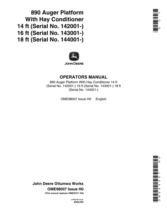 John Deere 890 Auger Platform With Hay Conditioner Operator’s Manual (OME98007) Workshop Guide