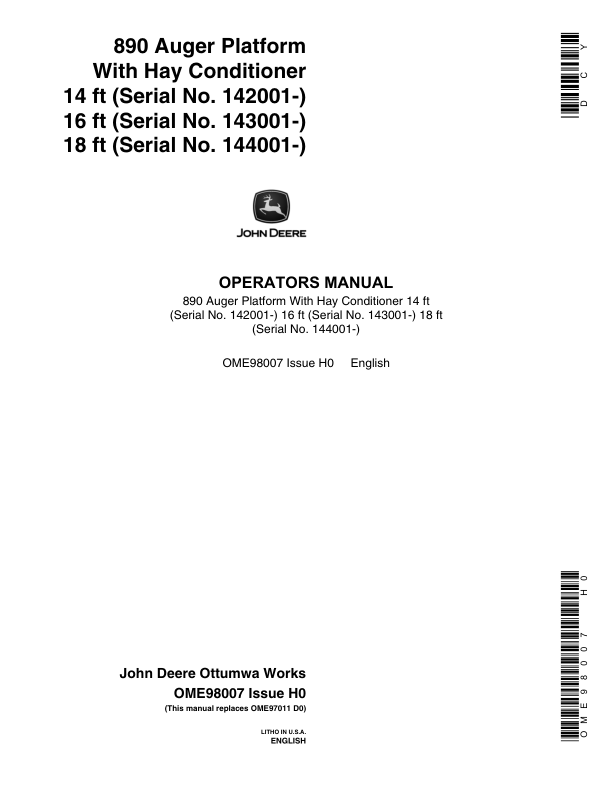 John Deere 890 Auger Platform With Hay Conditioner Operator’s Manual (OME98007) Workshop Guide