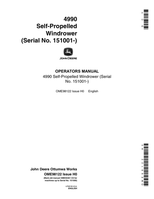 John Deere 4990 Self-Propelled Windorwer Operator’s Manual (OME98122) Workshop Guide