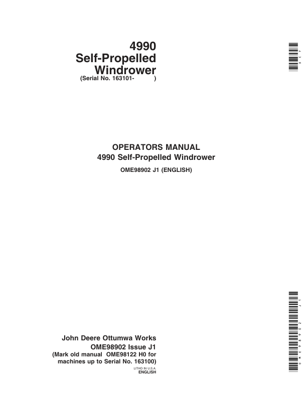 John Deere 4990 Self-Propelled Windrower Operator’s Manual (OME98902) Workshop Guide