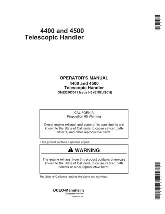 John Deere 4400 & 4500 Telescopic Handlers Operator’s Manual (OMEQ503541) Workshop Guide