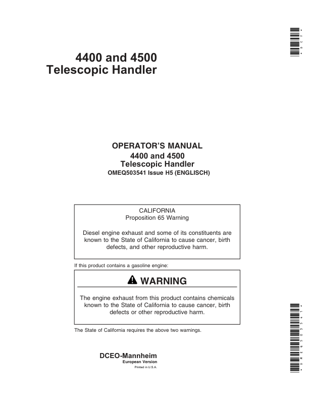 John Deere 4400 & 4500 Telescopic Handlers Operator’s Manual (OMEQ503541) Workshop Guide