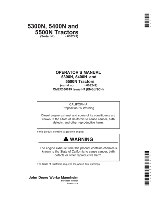 John Deere 5300N, 5400N & 5500N Tractors Operator’s Manual (OMER360019) Workshop Guide