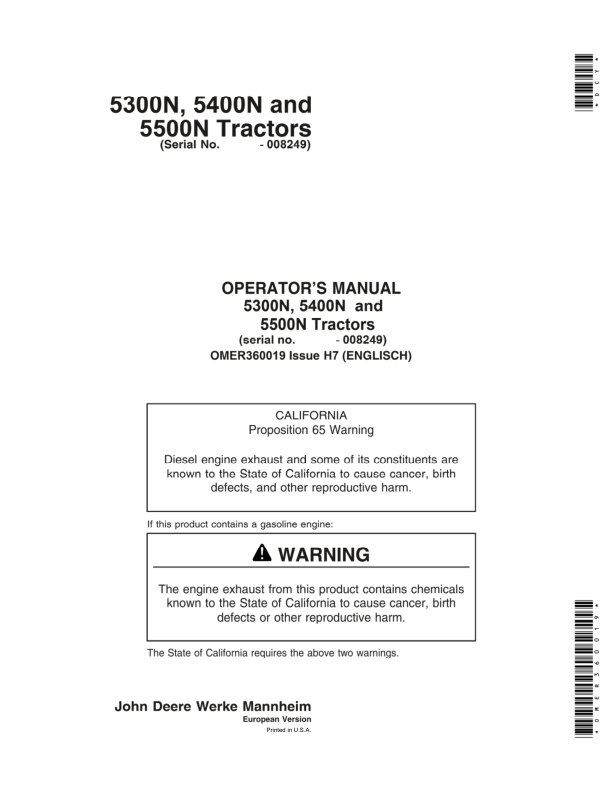 John Deere 5300N, 5400N & 5500N Tractors Operator’s Manual (OMER360019) Workshop Guide