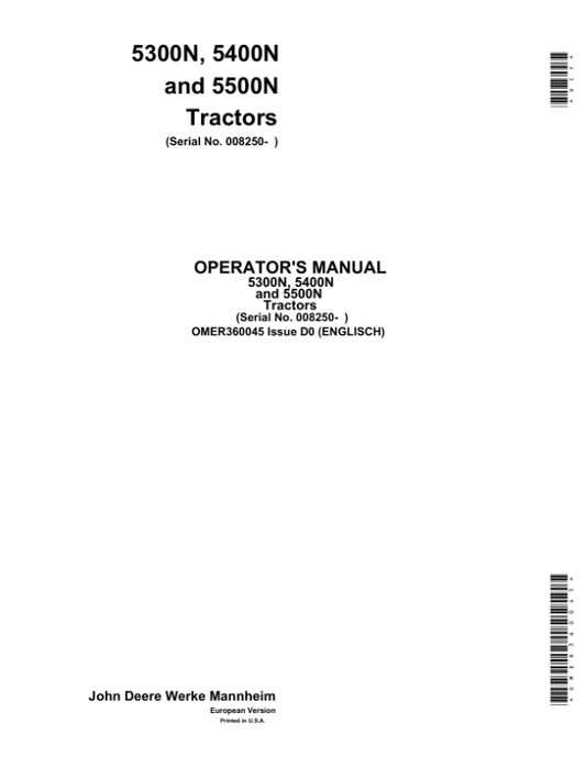 John Deere 5300N, 5400N & 5500N Tractors Operator’s Manual (OMER360045) Workshop Guide
