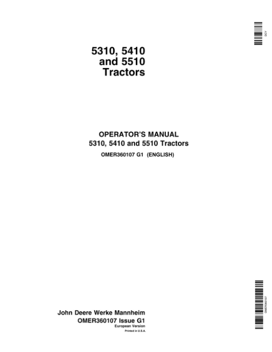 John Deere 5310, 5410, 5510 Tractors Operator’s Manual (OMER360107) Workshop Guide