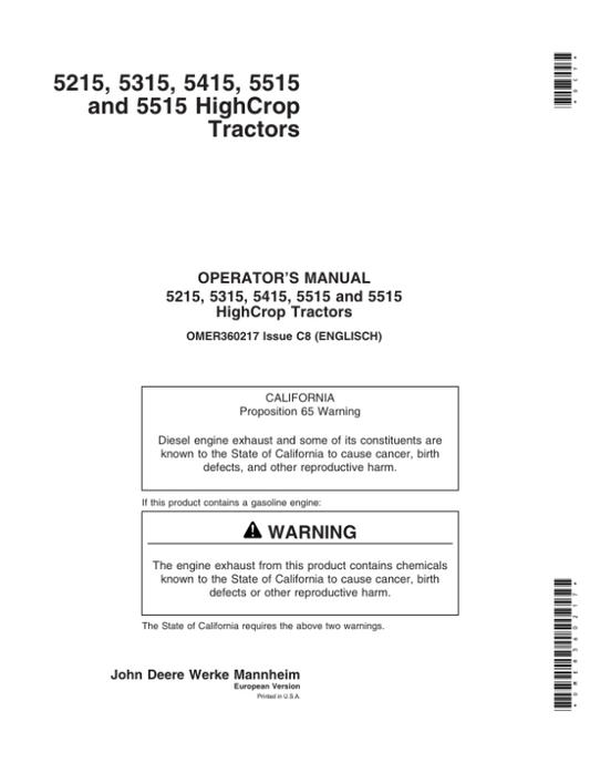 John Deere 5215, 5315, 5415, 5515 & 5515 HighCrop Tractors Operator’s Manual (OMER360217) Workshop Guide