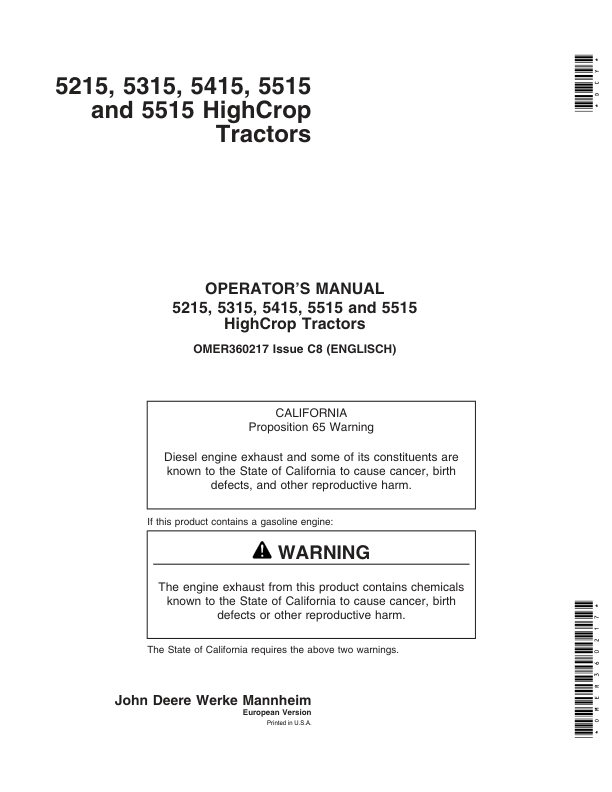 John Deere 5215, 5315, 5415, 5515 & 5515 HighCrop Tractors Operator’s Manual (OMER360217) Workshop Guide