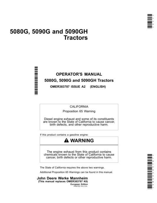 John Deere 5080G, 5090G & 5090GH Tractors Operator’s Manual (OMER383787) Workshop Guide
