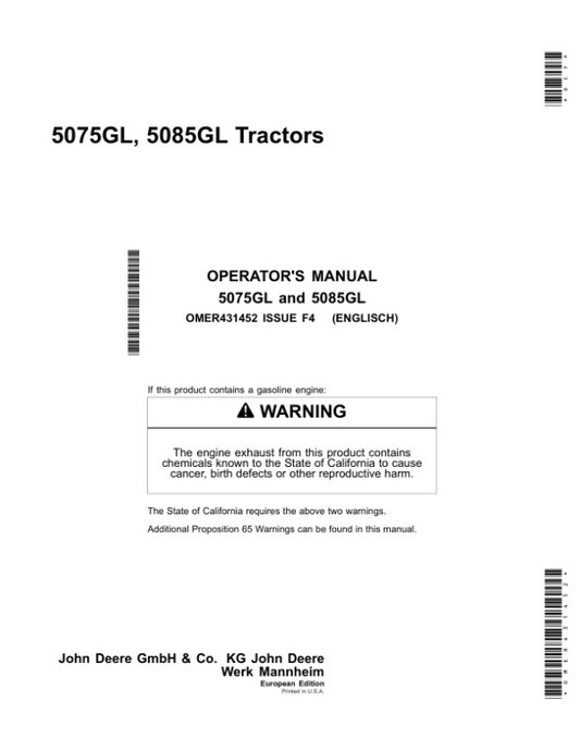 John Deere 5075GL, 5085GL Tractors Operator’s Manual (OMER431452) Workshop Guide