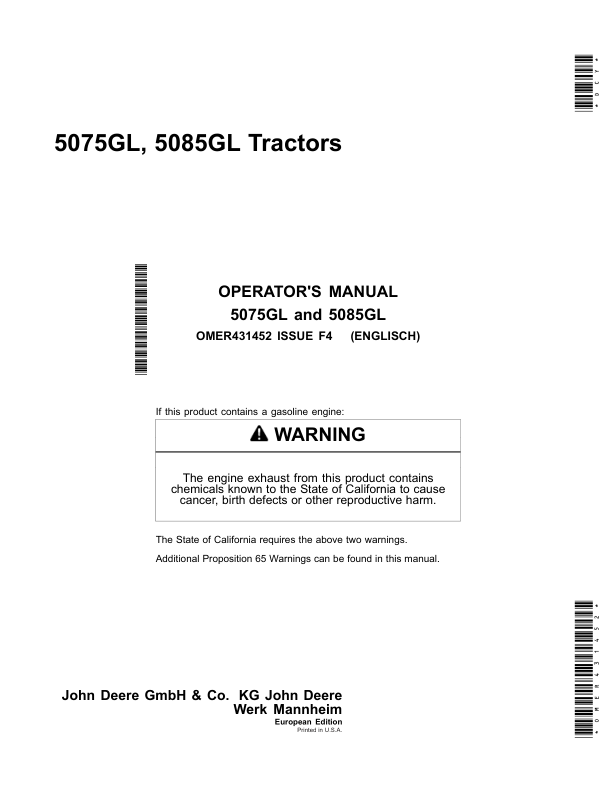 John Deere 5075GL, 5085GL Tractors Operator’s Manual (OMER431452) Workshop Guide