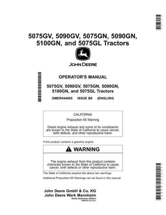 John Deere 5075GV, 5090GV, 5075GN, 5090GN, 5100GN, 5075GL Tractors Operator’s Manual (OMER444695) Workshop Guide