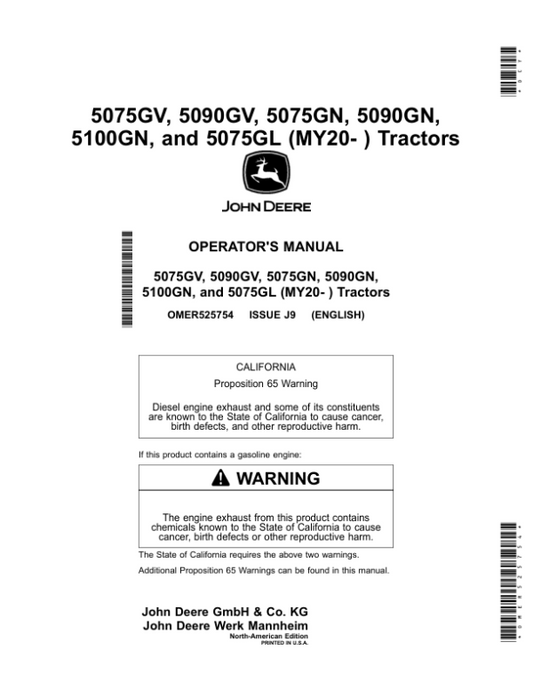John Deere 5075GV, 5090GV, 5075GN, 5090GN, 5100GN, 5075GL Tractors Operator’s Manual (OMER525754) Workshop Guide