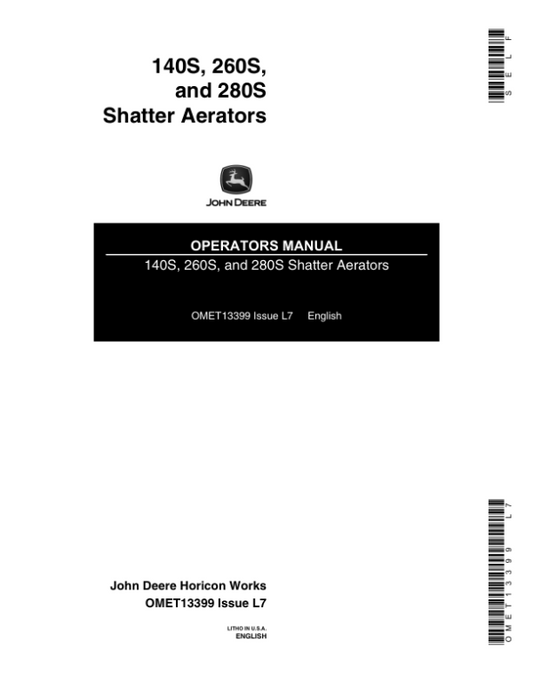John Deere 140S, 260S, 280S Shatter Aerator Operator’s Manual (OMET13399) Workshop Guide