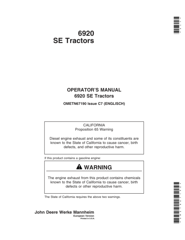 John Deere 6920SE Tractors Operator’s Manual (OMETN67190) Workshop Guide