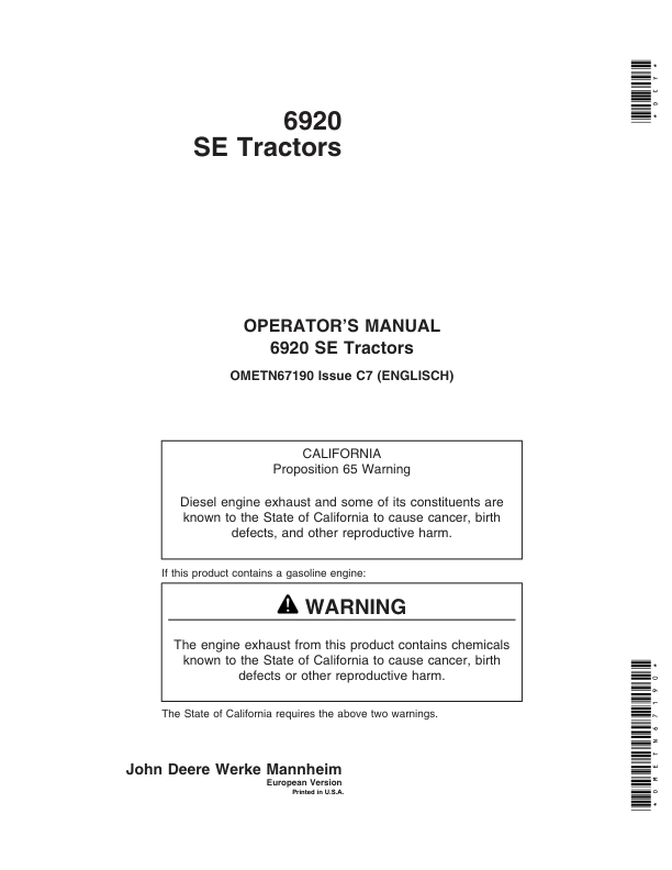 John Deere 6920SE Tractors Operator’s Manual (OMETN67190) Workshop Guide