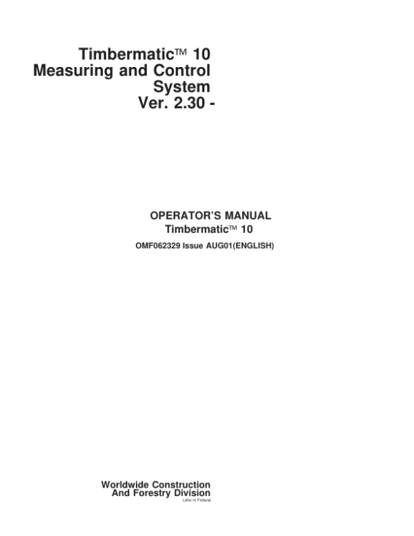 John Deere TIMBERMATIC 10 Measuring Systems Operator’s Manuals (OMF062329) Workshop Guide