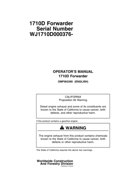John Deere 1710D Forwarders Operator’s Manuals (OMF063390) Workshop Guide