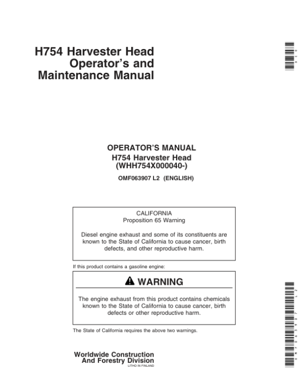 John Deere H754 Harvesting Heads Operator’s Manuals (OMF063907) Workshop Guide