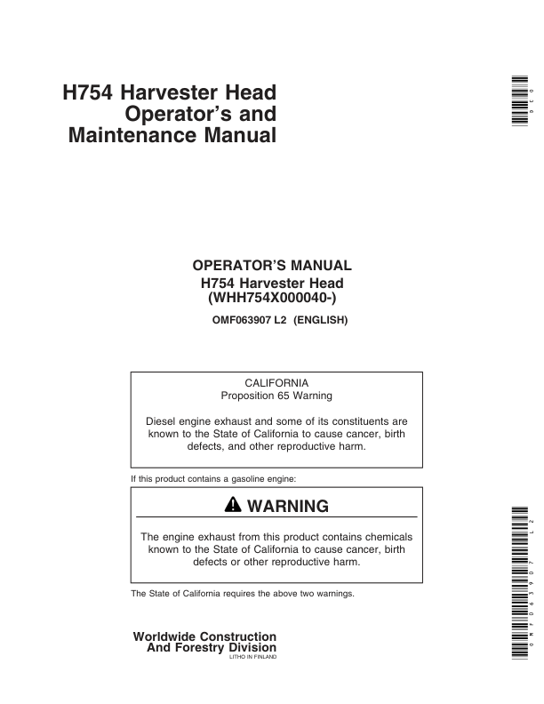 John Deere H754 Harvesting Heads Operator’s Manuals (OMF063907) Workshop Guide