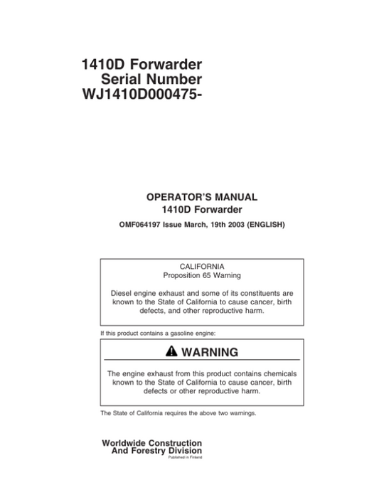 John Deere 1410D Forwarders Operator’s Manuals (OMF064197) Workshop Guide