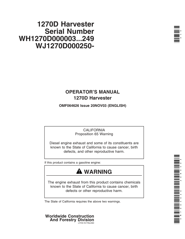 John Deere 1270D Wheeled Harvesters Operator’s Manuals (OMF064626) Workshop Guide