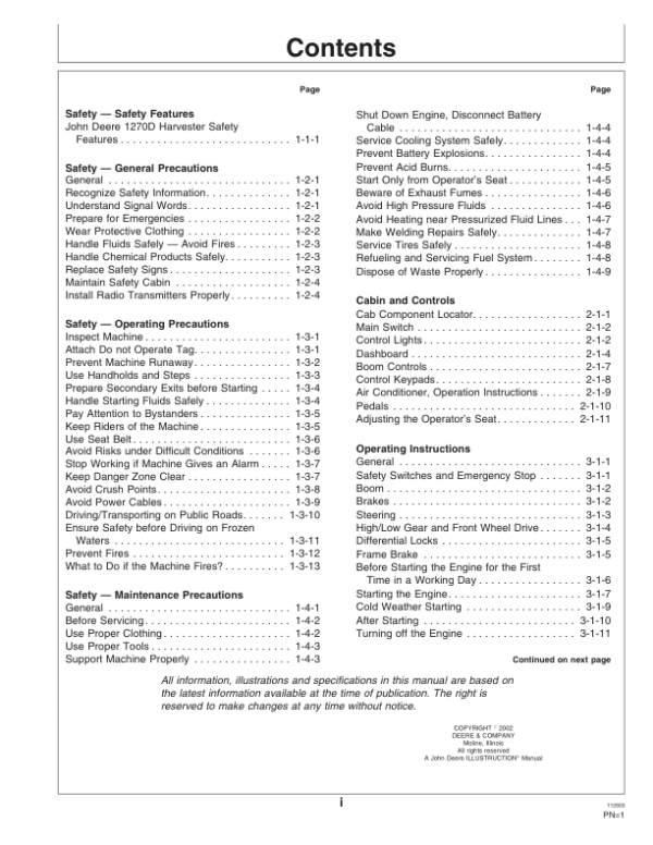 John Deere 1270D Wheeled Harvesters Operator’s Manuals (OMF064626) Workshop Guide