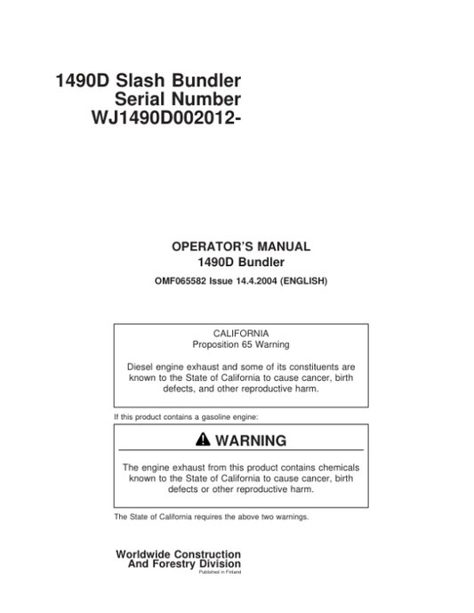 John Deere 1490D Energy Technology Operator’s Manuals (OMF065582) Workshop Guide