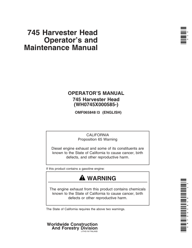 John Deere 745 Harvesting Heads Operator’s Manuals (OMF065848) Workshop Guide