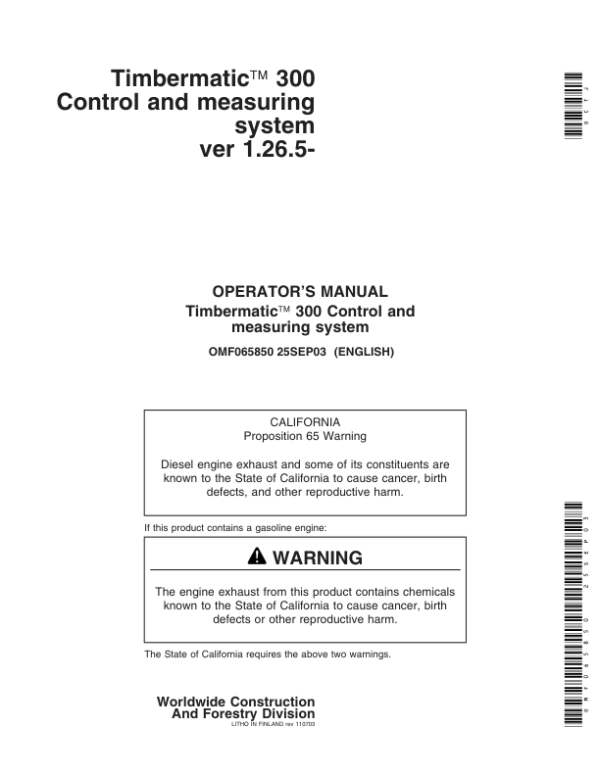 John Deere TIMBERMATIC 300 TIMBERJACK Measuring Systems Operator’s Manuals (OMF065850) Workshop Guide