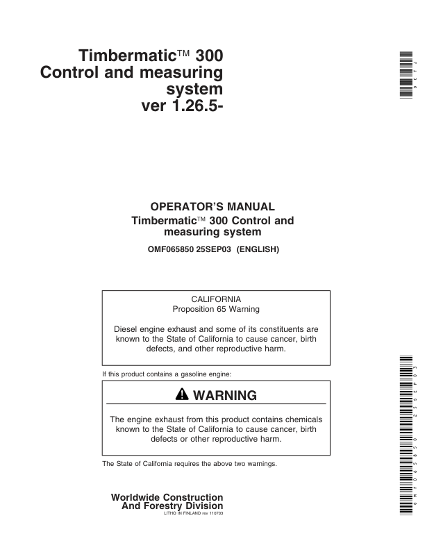 John Deere TIMBERMATIC 300 TIMBERJACK Measuring Systems Operator’s Manuals (OMF065850) Workshop Guide