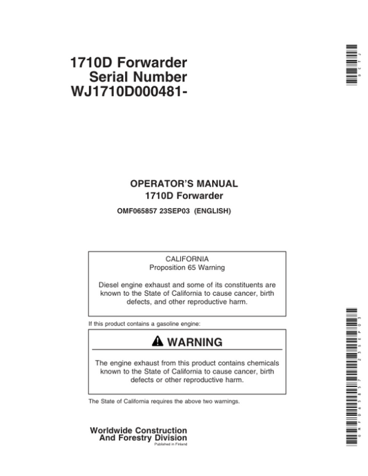 John Deere 1710D Forwarders Operator’s Manuals (OMF065857) Workshop Guide