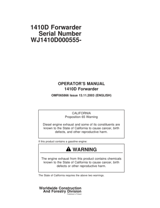 John Deere 1410D Forwarders Operator’s Manuals (OMF065866) Workshop Guide