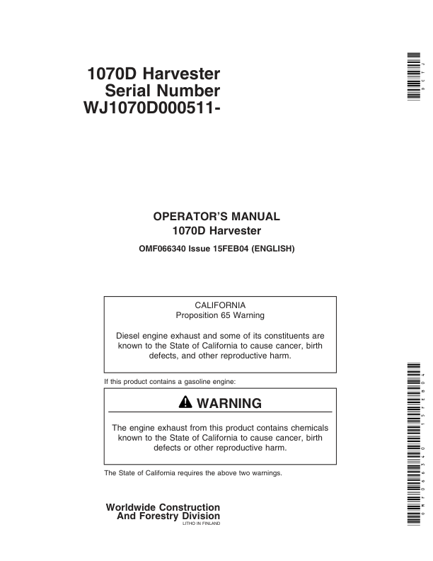 John Deere 1070D Wheeled Harvesters Operator’s Manuals (OMF066340) Workshop Guide