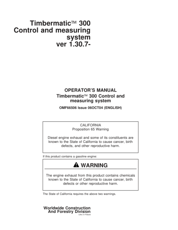 John Deere TIMBERMATIC 300 TIMBERJACK Control Systems Operator’s Manuals (OMF066506) Workshop Guide