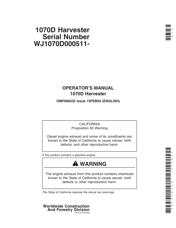 John Deere 1070D Wheeled Harvesters Operator’s Manuals (OMF066532) Workshop Guide