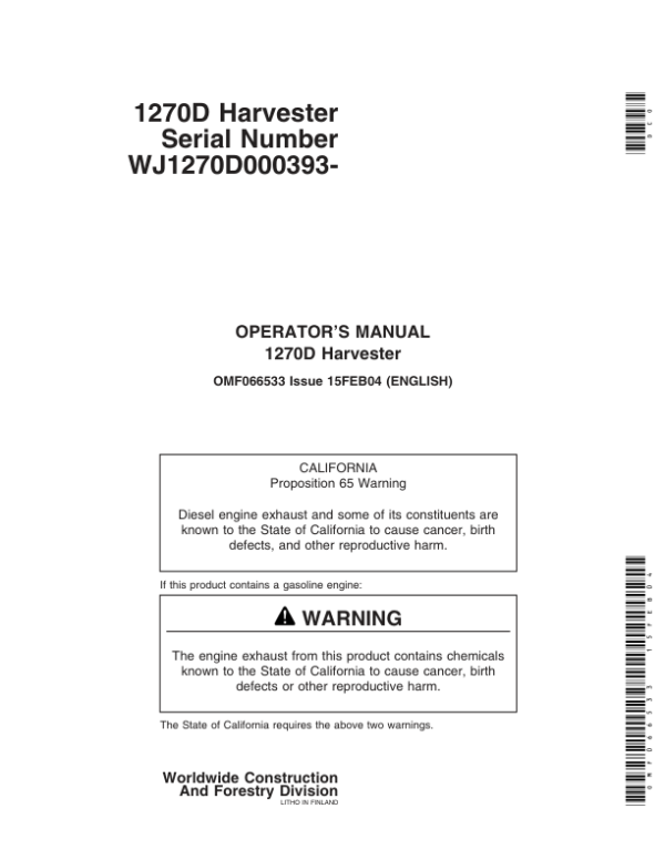 John Deere 1270D Wheeled Harvesters Operator’s Manuals (OMF066533) Workshop Guide