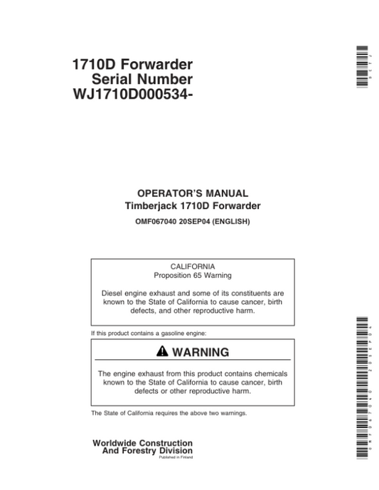 John Deere 1710D Forwarders Operator’s Manuals (OMF067040) Workshop Guide