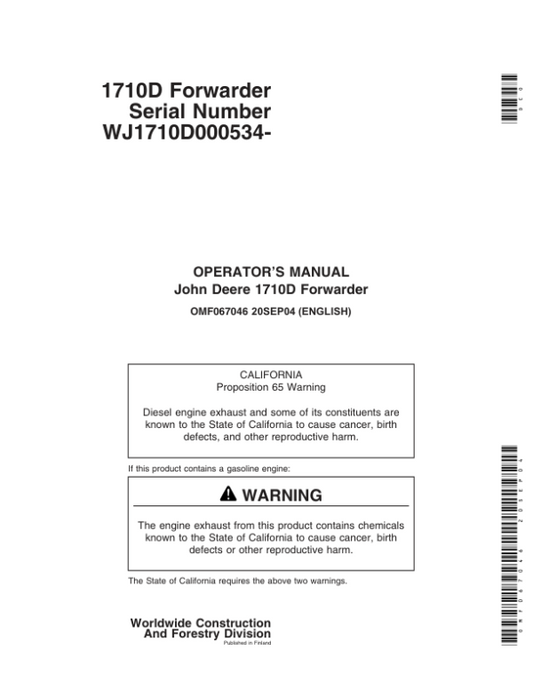 John Deere 1710D Forwarders Operator’s Manuals (OMF067046) Workshop Guide