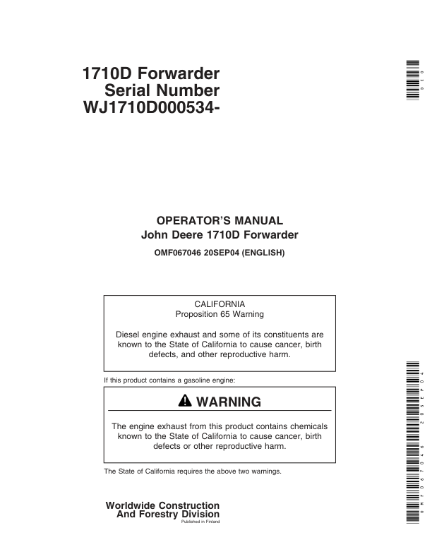 John Deere 1710D Forwarders Operator’s Manuals (OMF067046) Workshop Guide