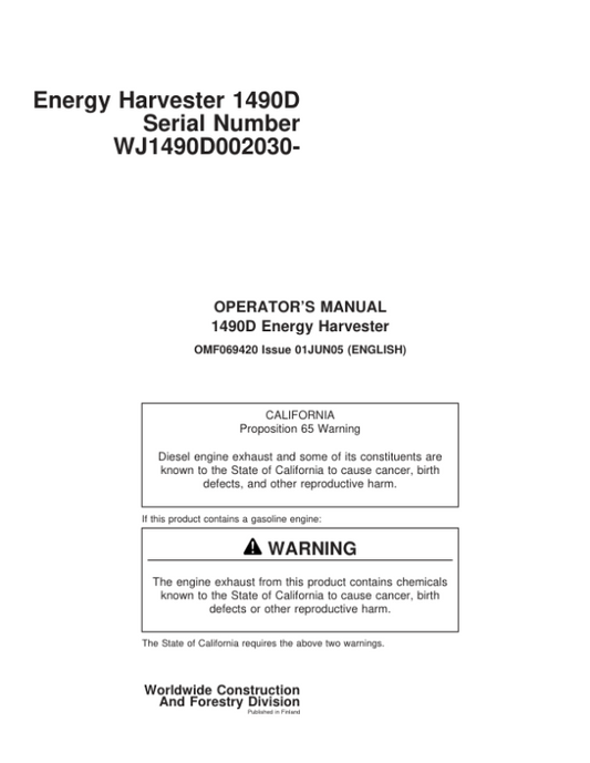 John Deere 1490D Energy Technology Operator’s Manuals (OMF069420) Workshop Guide