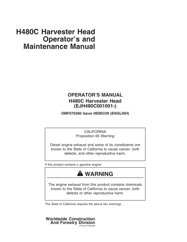 John Deere H480C Harvesting Heads Operator’s Manuals (OMF075260) Workshop Guide