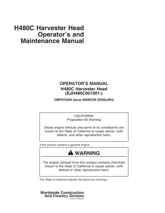 John Deere H480C Harvesting Heads Operator’s Manuals (OMF075260) Workshop Guide