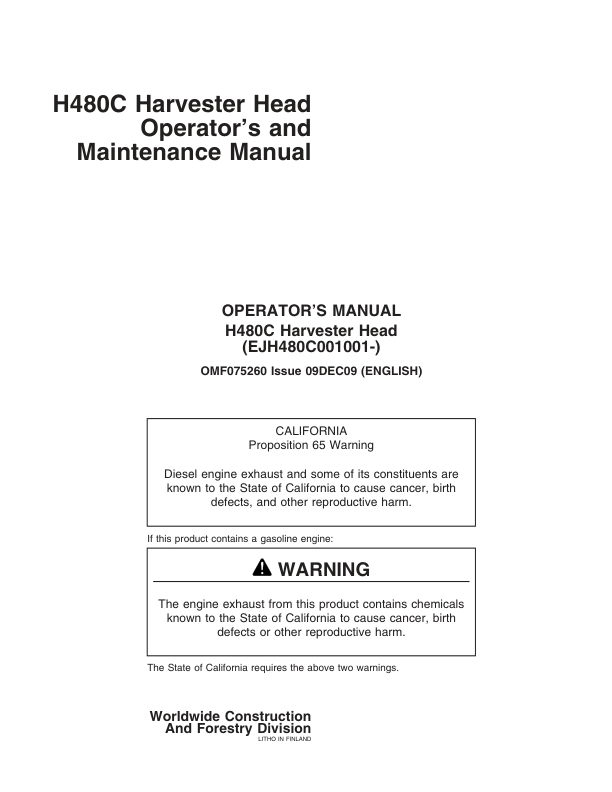 John Deere H480C Harvesting Heads Operator’s Manuals (OMF075260) Workshop Guide
