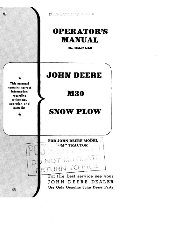 John Deere M30 Snow Plows Operator’s Manuals (OMF13947) Workshop Guide